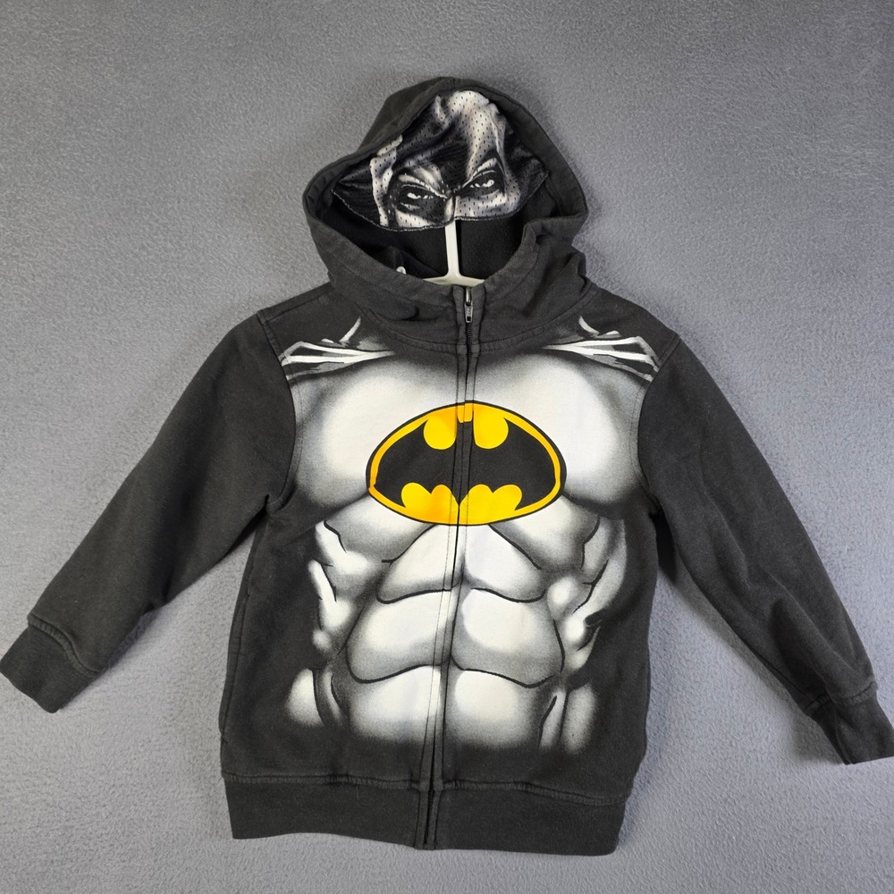 Batman Zip Up Hoodie Boys Size 6 Black Muscle Chest Mask Hood